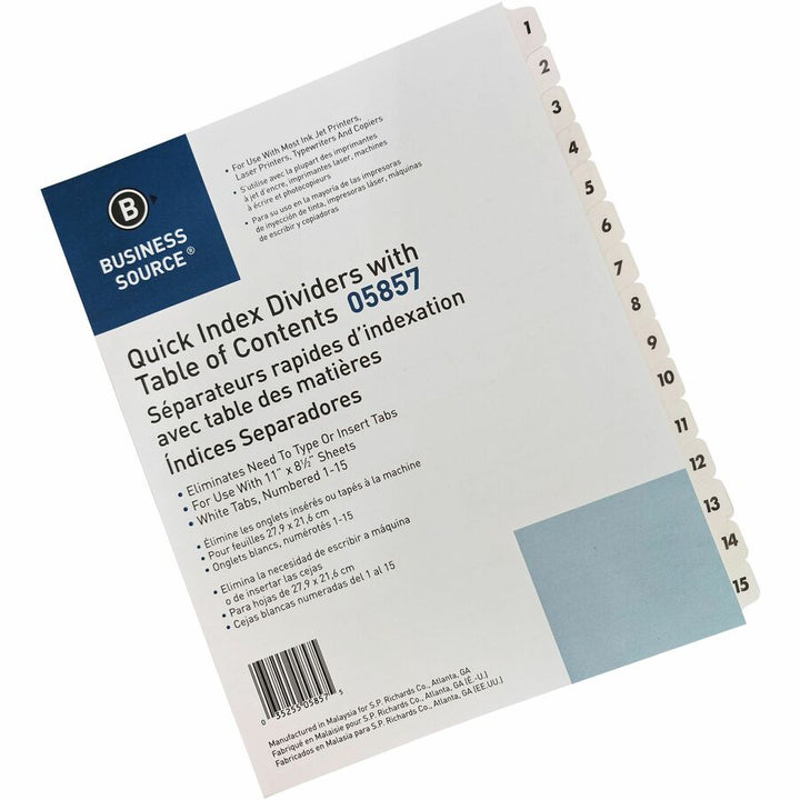 Image of Business Source Index Dividers,w/TOC Page,1-15, 15 Tabs/ST,11"x8-1/2",White