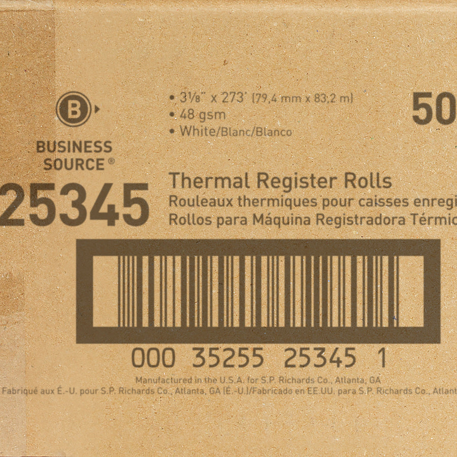 Image of Business Source Thermal Paper Roll, 3-1/8"x273', 50/CT, White