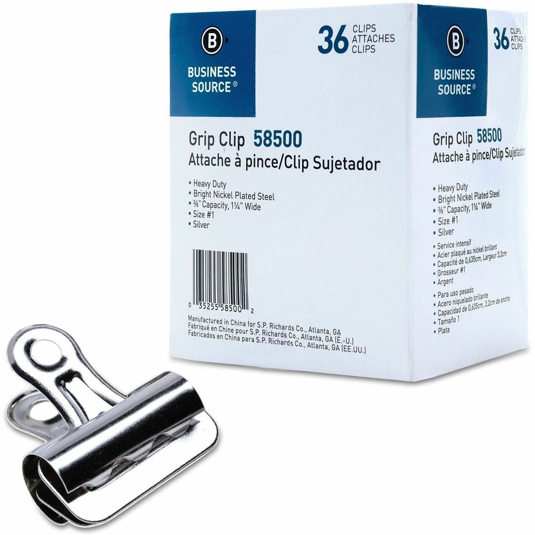 Image of Business Source 58500 Bulldog Grip Clips, No. 1, 1.3" Width, for Paper, Heavy Duty, Silver, 36 / Box
