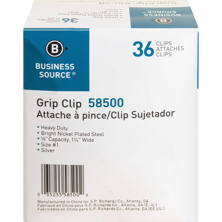 Image of Business Source 58500 Bulldog Grip Clips, No. 1, 1.3" Width, for Paper, Heavy Duty, Silver, 36 / Box
