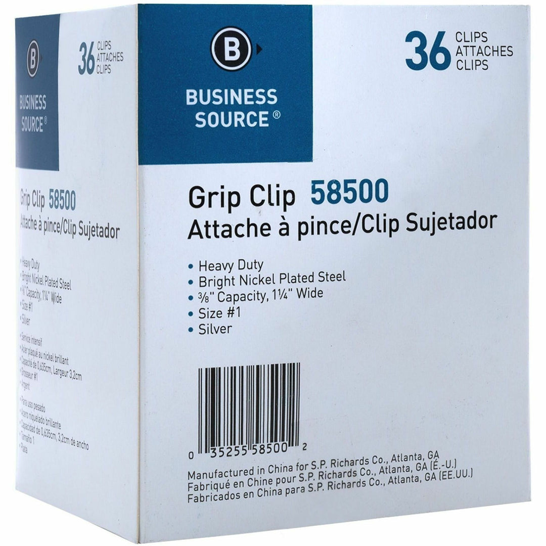 Image of Business Source 58500 Bulldog Grip Clips, No. 1, 1.3" Width, for Paper, Heavy Duty, Silver, 36 / Box