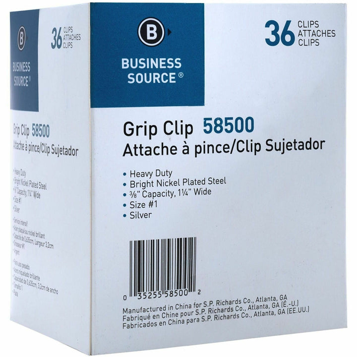 Image of Business Source 58500 Bulldog Grip Clips, No. 1, 1.3" Width, for Paper, Heavy Duty, Silver, 36 / Box