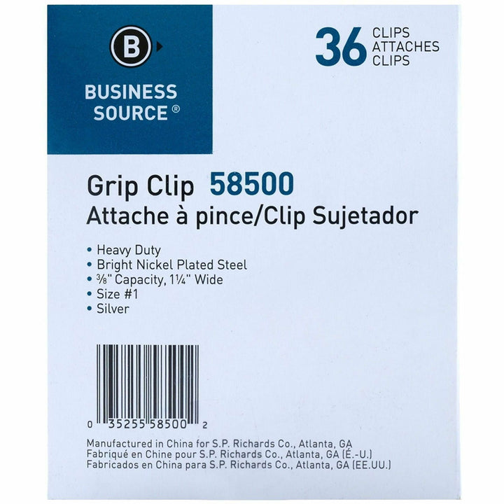 Image of Business Source 58500 Bulldog Grip Clips, No. 1, 1.3" Width, for Paper, Heavy Duty, Silver, 36 / Box