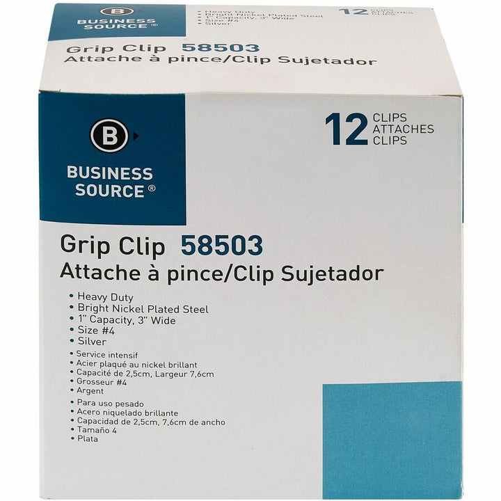 Image of Business Source Bulldog Clips, 1" Cap, Size 4, 3"W, 12/BX, Silver