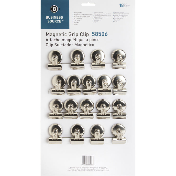 Image of Business Source Magnetic Clips,Display Pack,Sz 1,1-1/4"W,3/8"Cap,18/BX,SR