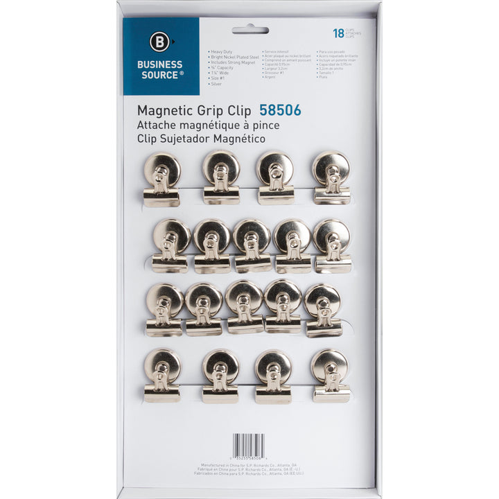 Image of Business Source Magnetic Clips,Display Pack,Sz 1,1-1/4"W,3/8"Cap,18/BX,SR