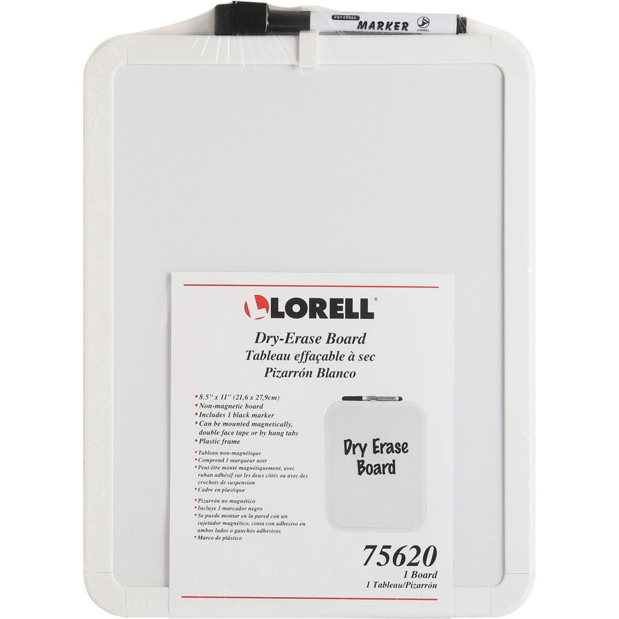 Image of Lorell 75620 Personal Whiteboard, 11" (0.9 ft) Width x 8.5" (0.7 ft) Height, White Melamine Surface, White Plastic Frame, Rectangle, 1 Each