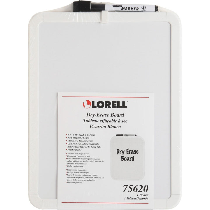 Image of Lorell 75620 Personal Whiteboard, 11" (0.9 ft) Width x 8.5" (0.7 ft) Height, White Melamine Surface, White Plastic Frame, Rectangle, 1 Each