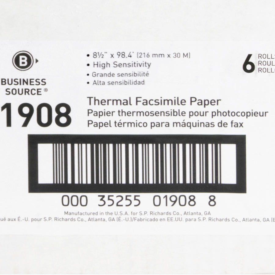 Image of Business Source Fax Paper, 1/2" Core, "H" Sensitivity, 8-1/2"x98', 6/CT, WE