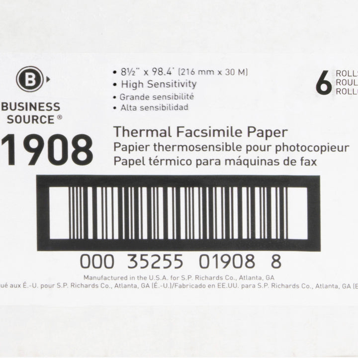 Image of Business Source Fax Paper, 1/2" Core, "H" Sensitivity, 8-1/2"x98', 6/CT, WE