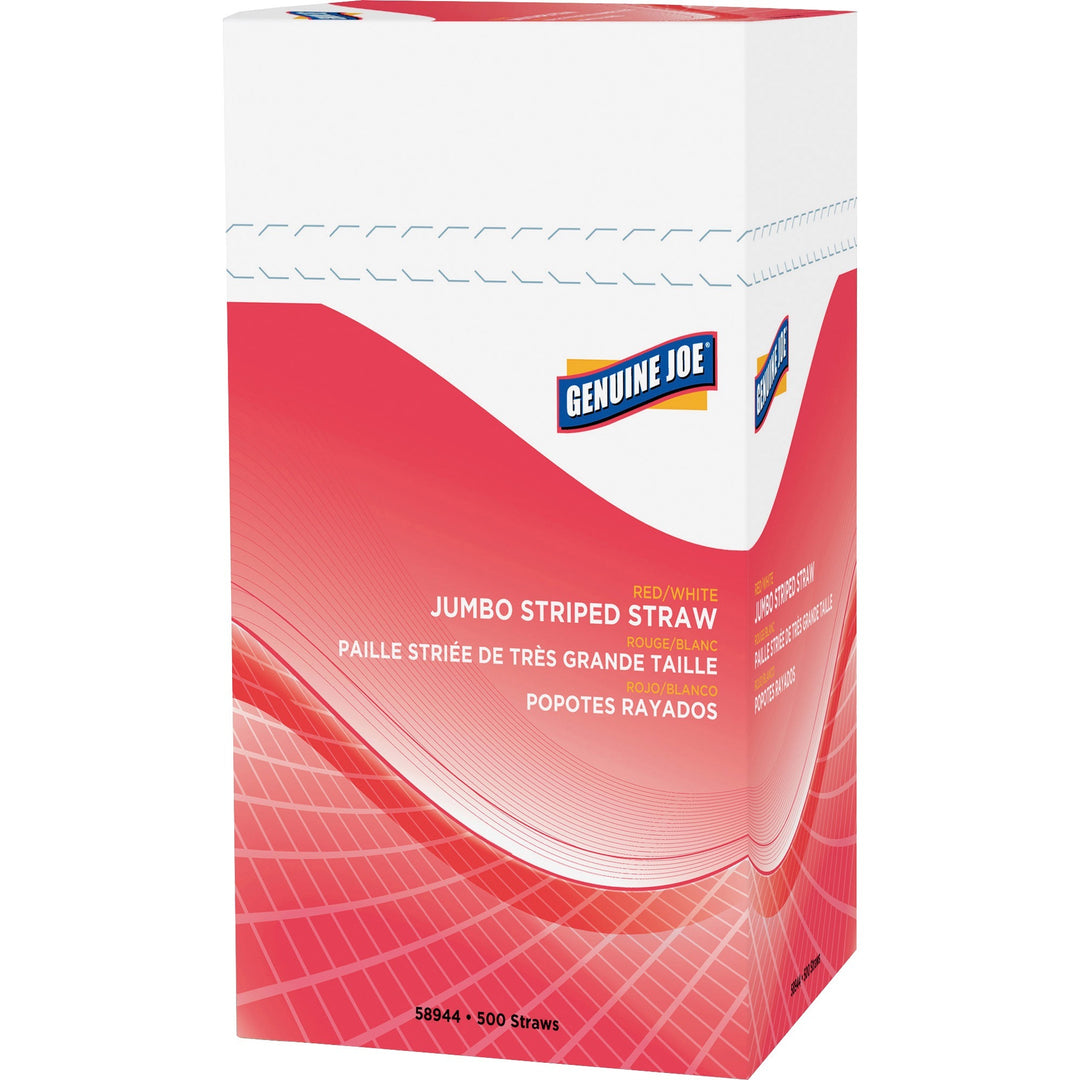 Image of Genuine Joe Straws, Jumbo, Striped, 7-3/4"L,500/BX,24BX/CT, Red/White