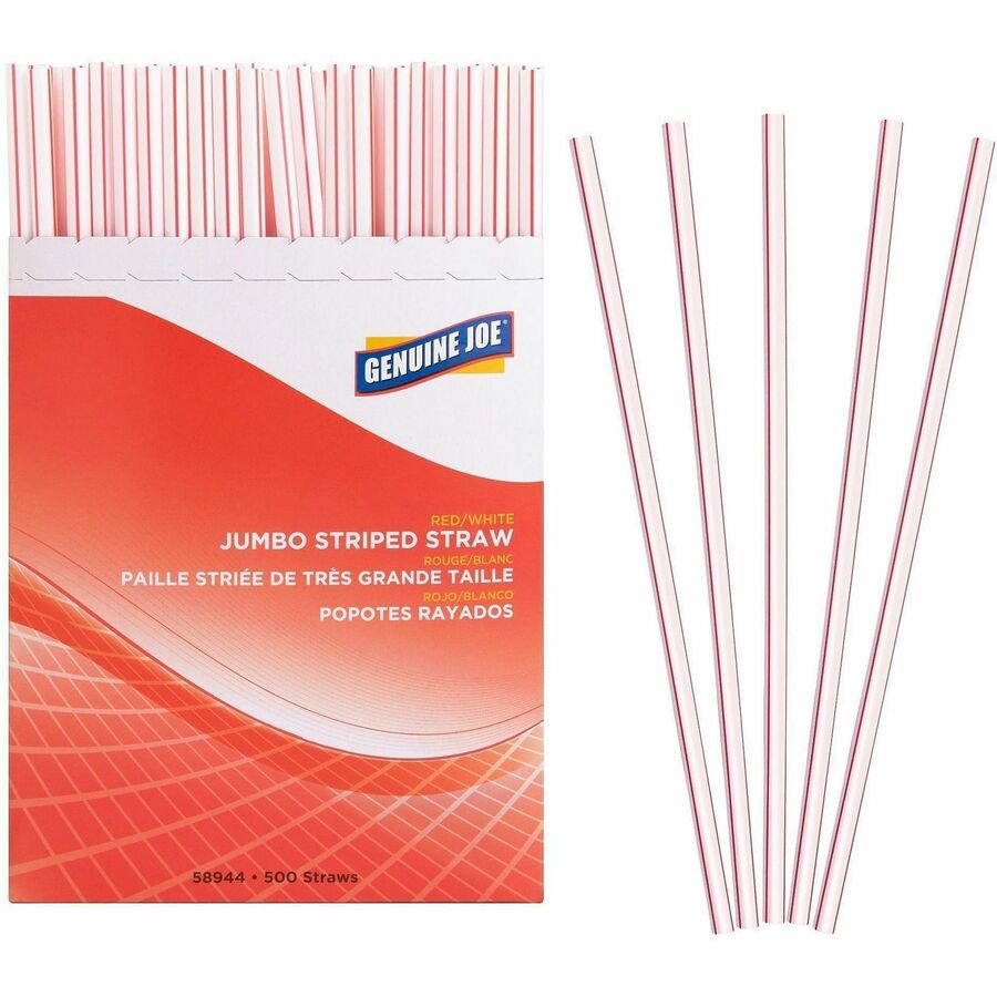 Image of Genuine Joe Straws, Jumbo, Striped, 7-3/4"L,500/BX,24BX/CT, Red/White