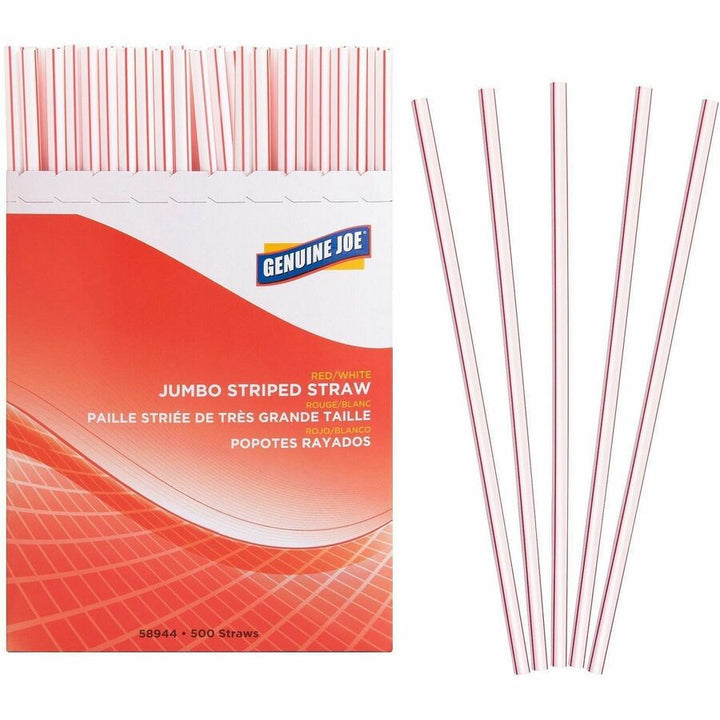 Image of Genuine Joe Straws, Jumbo, Striped, 7-3/4"L,500/BX,24BX/CT, Red/White