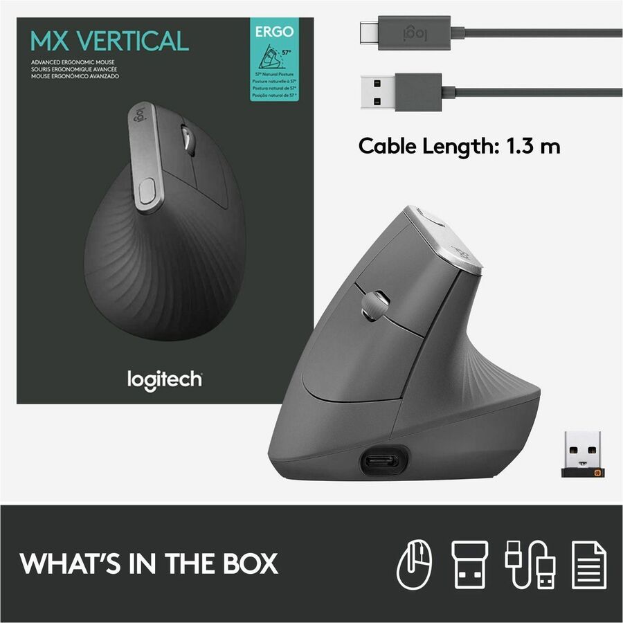 Image of Logitech® MX Vertical Advanced Ergonomic Mouse, 2.4 GHz Frequency/33 ft Wireless Range, Left/Right Hand Use, Graphite