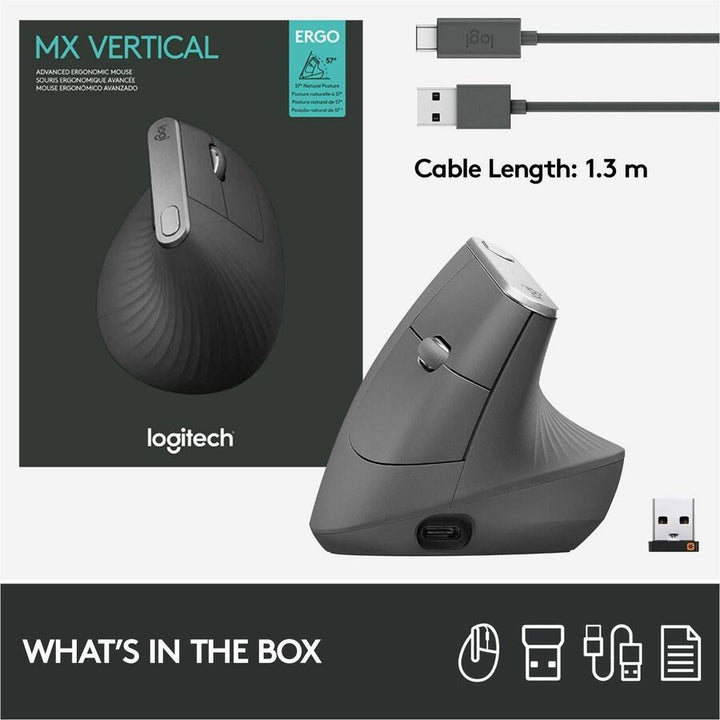 Image of Logitech® MX Vertical Advanced Ergonomic Mouse, 2.4 GHz Frequency/33 ft Wireless Range, Left/Right Hand Use, Graphite