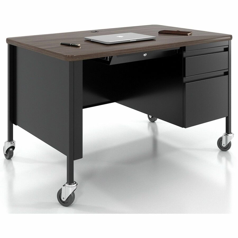 Image of Lorell Desk, Right-Pedestal, Mobile, 48"x30"x29-1/2", Walnut/Black
