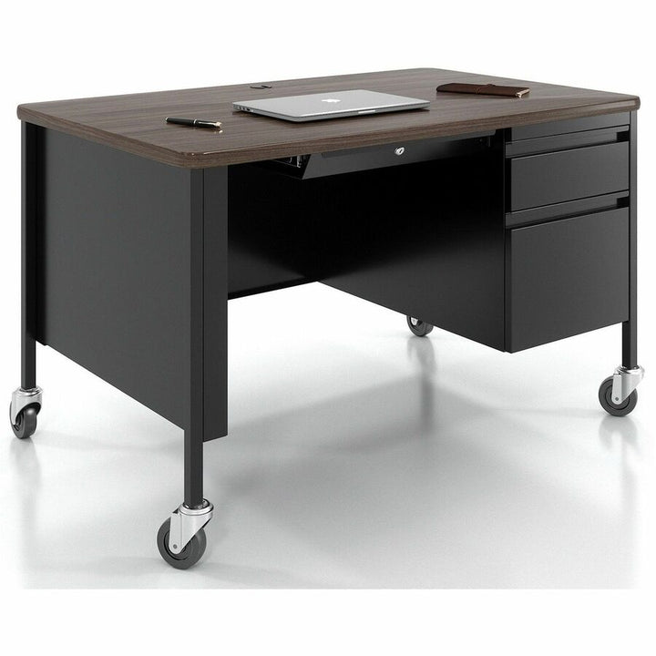 Image of Lorell Desk, Right-Pedestal, Mobile, 48"x30"x29-1/2", Walnut/Black