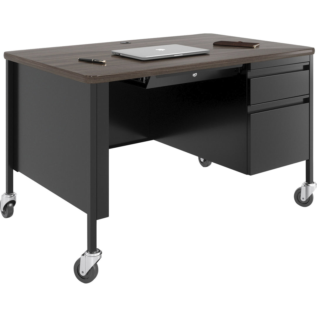 Image of Lorell Desk, Right-Pedestal, Mobile, 48"x30"x29-1/2", Walnut/Black