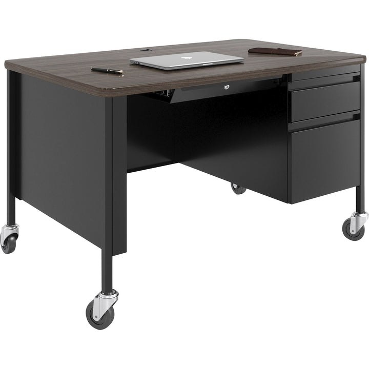 Image of Lorell Desk, Right-Pedestal, Mobile, 48"x30"x29-1/2", Walnut/Black