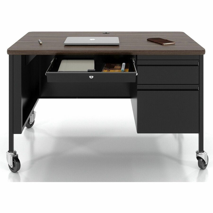 Image of Lorell Desk, Right-Pedestal, Mobile, 48"x30"x29-1/2", Walnut/Black