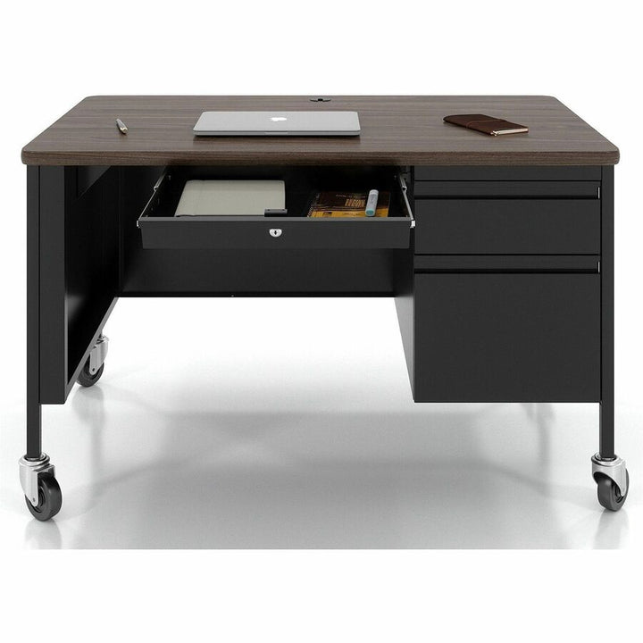 Image of Lorell Desk, Right-Pedestal, Mobile, 48"x30"x29-1/2", Walnut/Black