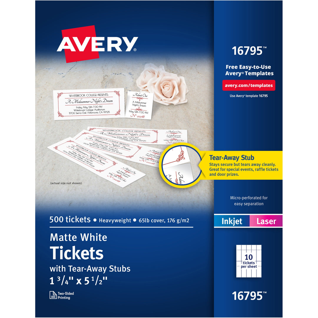 Image of Avery® Printable Tickets with Tear-Away Stubs, 97 Bright, 65 lb Cover Weight, 8.5 x 11, White, 10 Tickets/Sheet, 50 Sheets/Pack