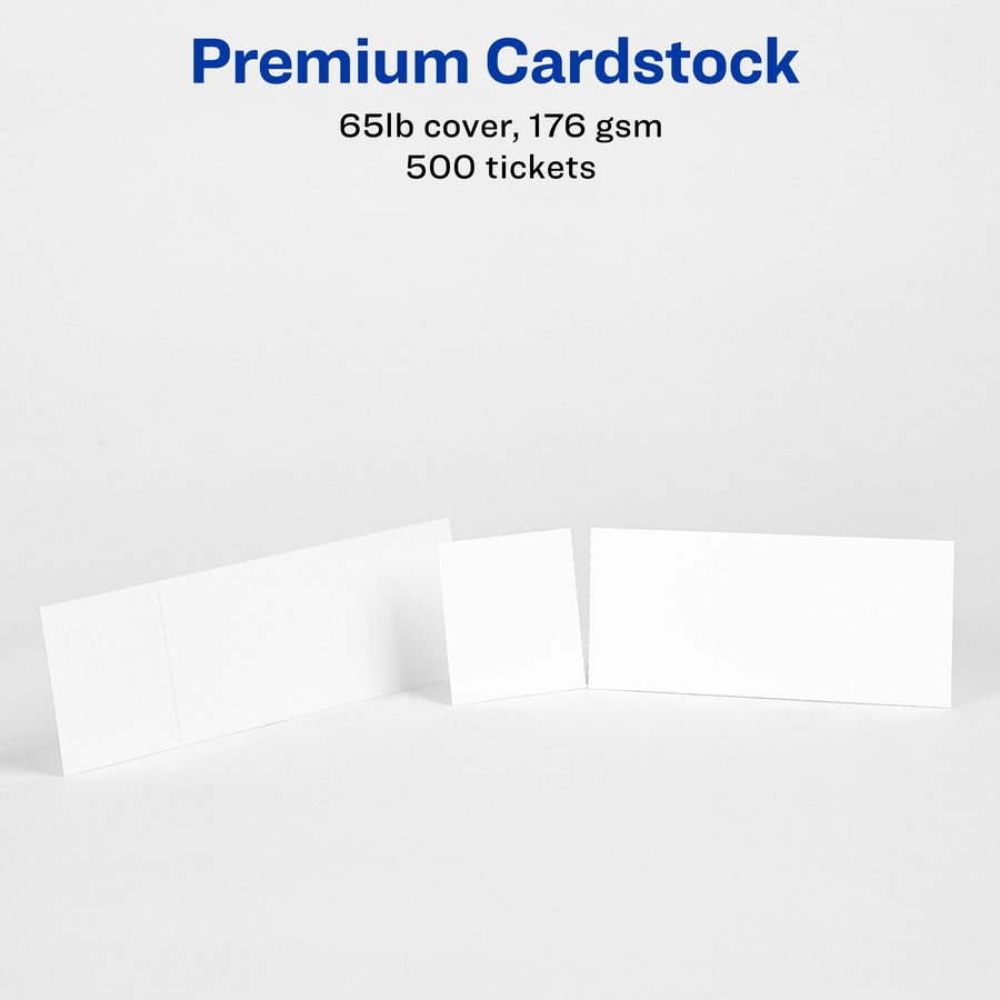 Image of Avery® Printable Tickets with Tear-Away Stubs, 97 Bright, 65 lb Cover Weight, 8.5 x 11, White, 10 Tickets/Sheet, 50 Sheets/Pack