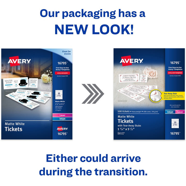 Image of Avery® Printable Tickets with Tear-Away Stubs, 97 Bright, 65 lb Cover Weight, 8.5 x 11, White, 10 Tickets/Sheet, 50 Sheets/Pack