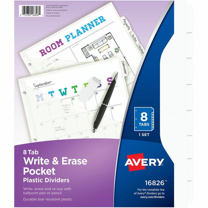 Image of Avery® Write and Erase Durable Plastic Dividers with Straight Pocket, 8-Tab, 11.13 x 9.25, White, 1 Set