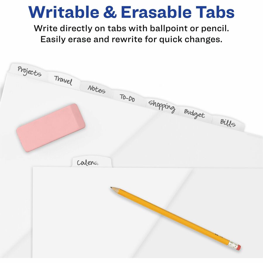 Image of Avery® Write and Erase Durable Plastic Dividers with Straight Pocket, 8-Tab, 11.13 x 9.25, White, 1 Set