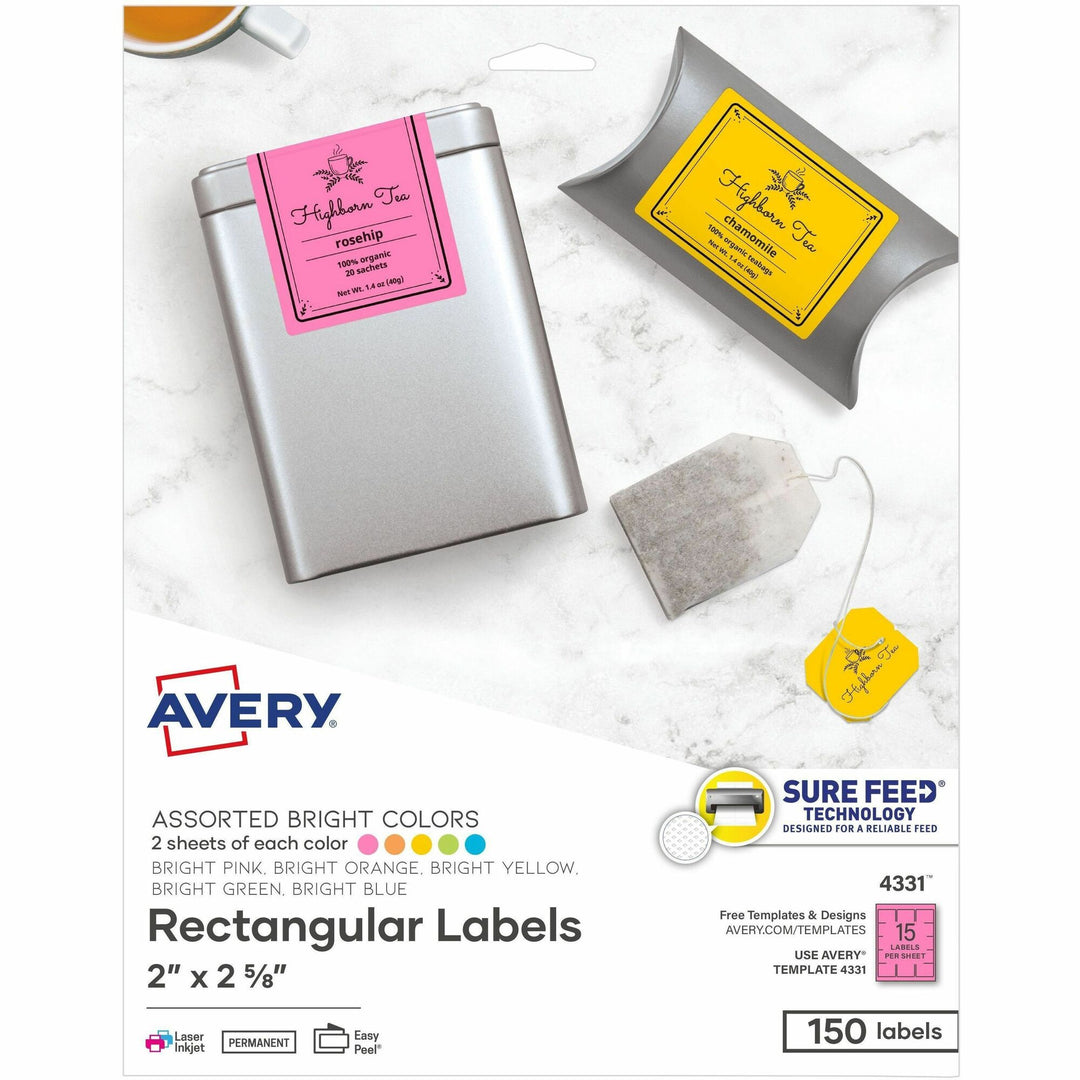 Image of Avery® Printable Color Labels With Sure Feed And Easy Peel, 2 X 2.63, Assorted Colors, 15/sheet, 10 Sheets/pack