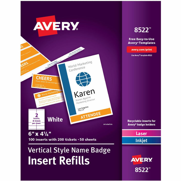 Image of Avery® Name Badge Insert Refills, Vertical, 4 1/4 X 6, White, 100/pack