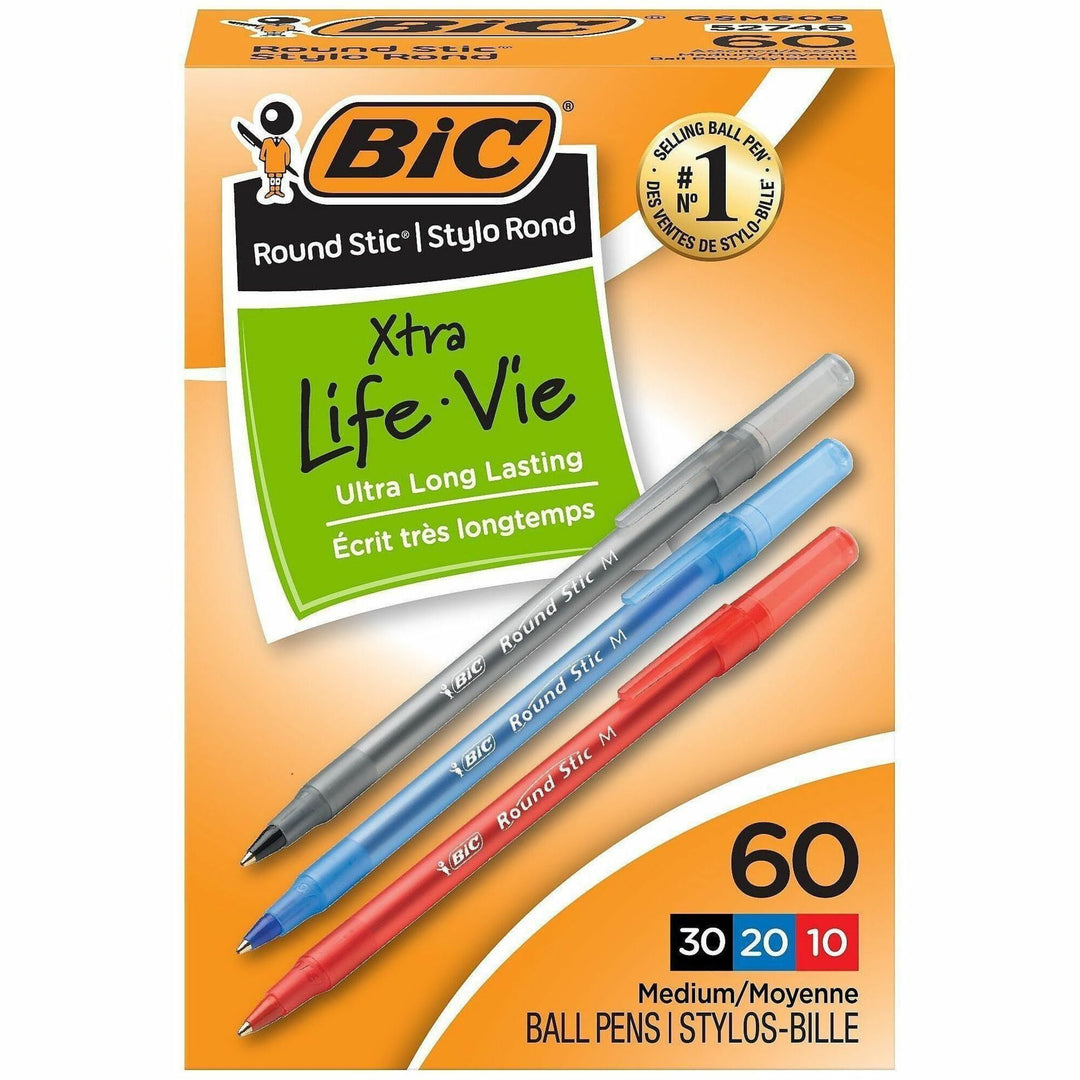 Image of BIC GSM609AST Round Stic Xtra Life Ball Point Pen, Assorted, 1 mm Pen Point, Assorted Ink, Translucent Barrel, 1 Box