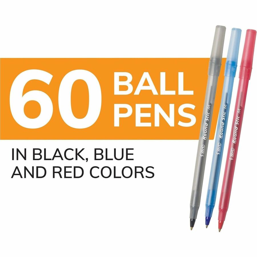 Image of BIC GSM609AST Round Stic Xtra Life Ball Point Pen, Assorted, 1 mm Pen Point, Assorted Ink, Translucent Barrel, 1 Box