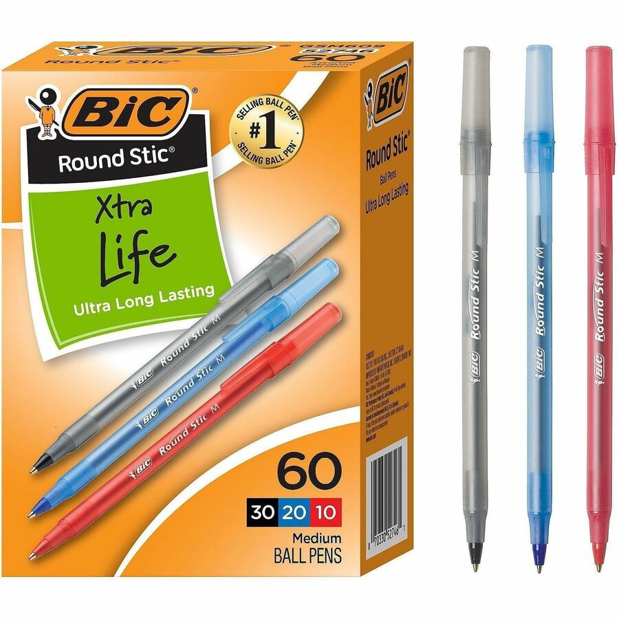 Image of BIC GSM609AST Round Stic Xtra Life Ball Point Pen, Assorted, 1 mm Pen Point, Assorted Ink, Translucent Barrel, 1 Box