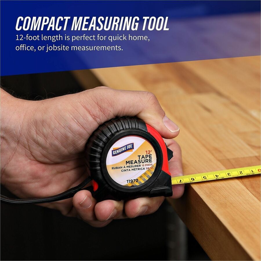 Image of Genuine Joe 11972 Tape Measure, 12 ft Length, Imperial Measuring System, Red, Black, 1 Each