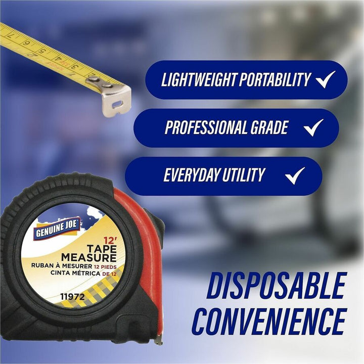 Image of Genuine Joe 11972 Tape Measure, 12 ft Length, Imperial Measuring System, Red, Black, 1 Each