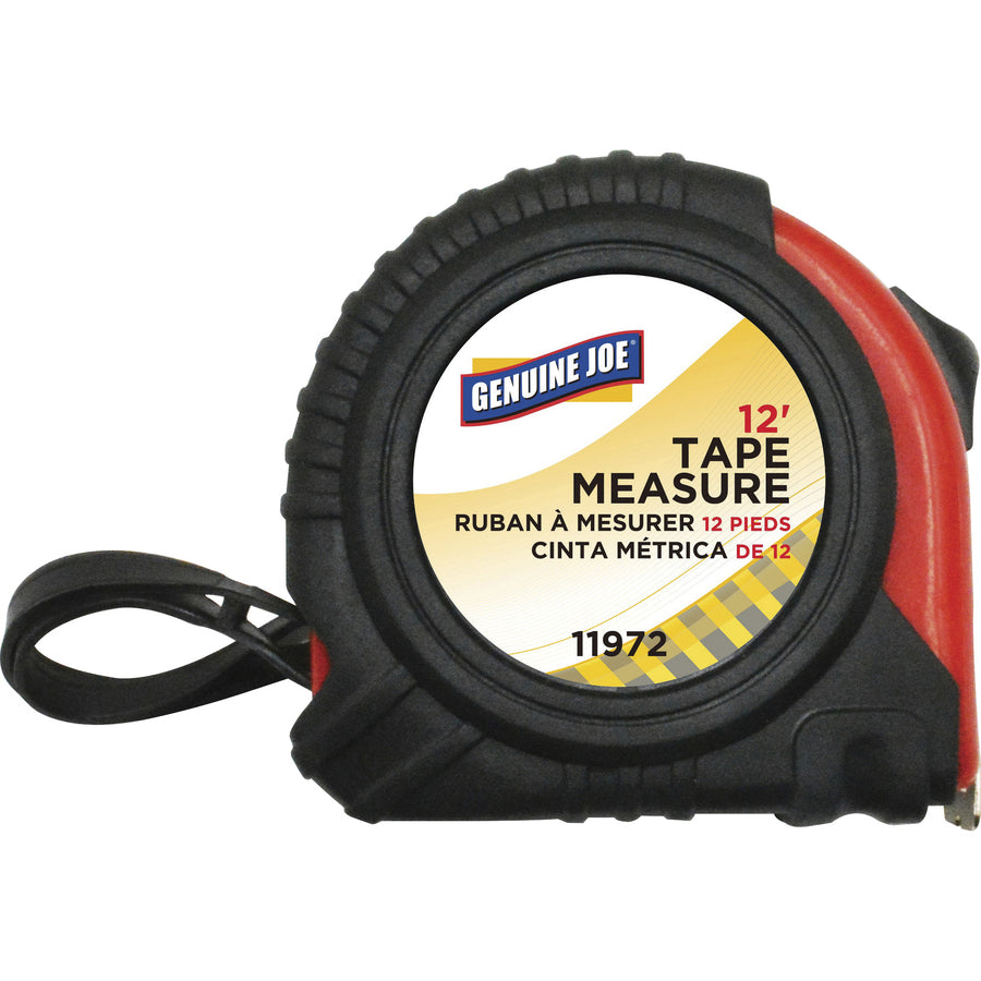 Image of Genuine Joe 11972 Tape Measure, 12 ft Length, Imperial Measuring System, Red, Black, 1 Each
