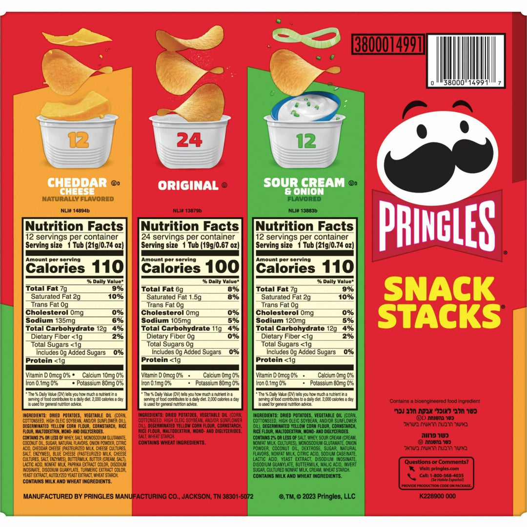 Image of Pringles® Potato Chips; Original; Cheddar Cheese; Sour Cream And Onion, 0.74 Oz Canister, 48/carton
