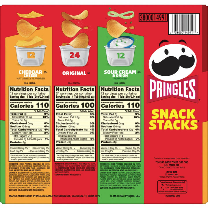 Image of Pringles® Potato Chips; Original; Cheddar Cheese; Sour Cream And Onion, 0.74 Oz Canister, 48/carton
