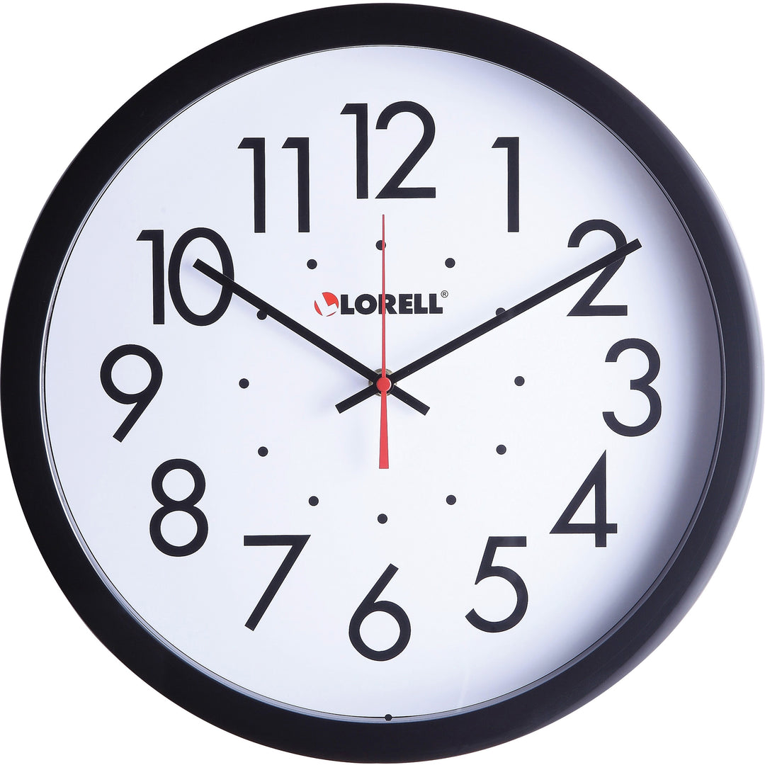 Image of Lorell 61009 14-1/2" Self-Set Wall Clock, Analog, Quartz, White Main Dial, Black Case, 1 Each