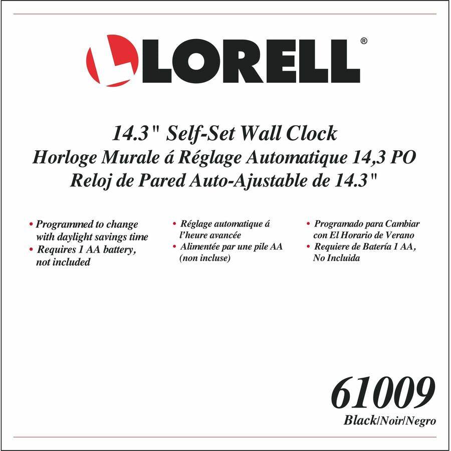 Image of Lorell 61009 14-1/2" Self-Set Wall Clock, Analog, Quartz, White Main Dial, Black Case, 1 Each