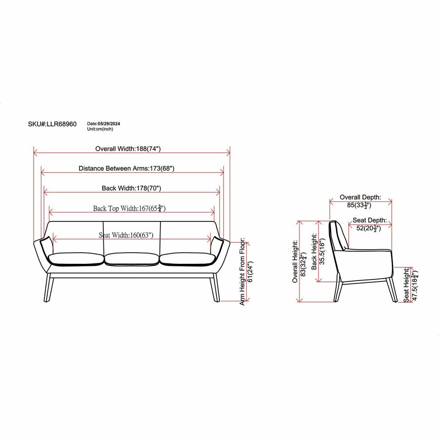 Image of Lorell Sofa, Lumbar Support, 73-1/4"Wx19-3/4"Lx32-3/4"H, BK/NL