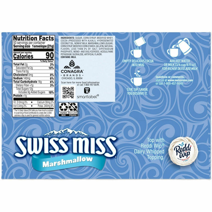 Image of Swiss Miss® 47492 Milk Chocolate Hot Cocoa Mix, Powder, 0.73 oz, Marshmallow, 50 / Box