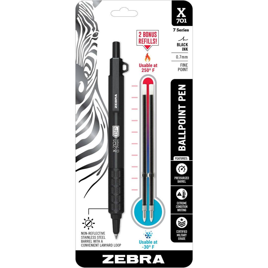 Image of Zebra® X-701 Ballpoint Pen, Retractable, Fine 0.7 Mm, Black Ink, Black Barrel