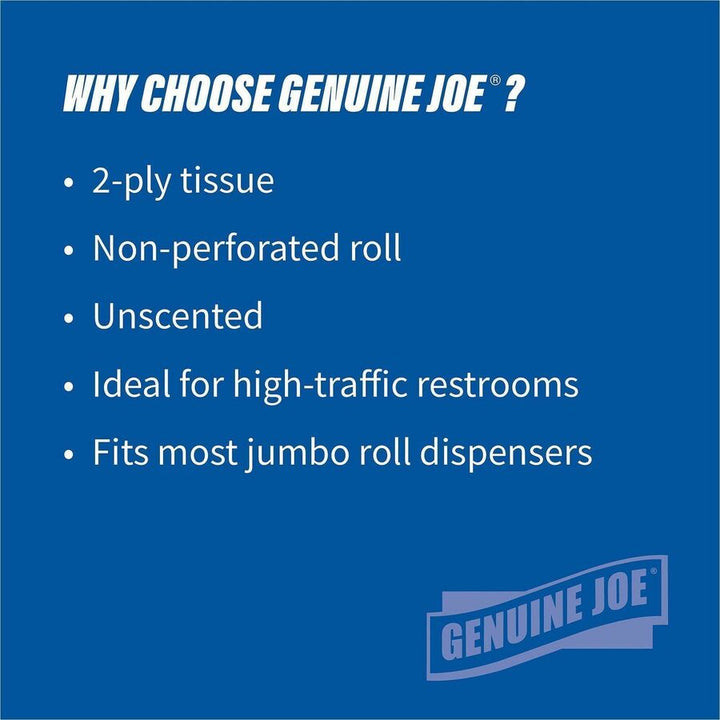Image of Genuine Joe Bath Tissue Rolls,Jumbo,2-Ply,3-1/4"x650',12RL/CT,54CT/PL,WE