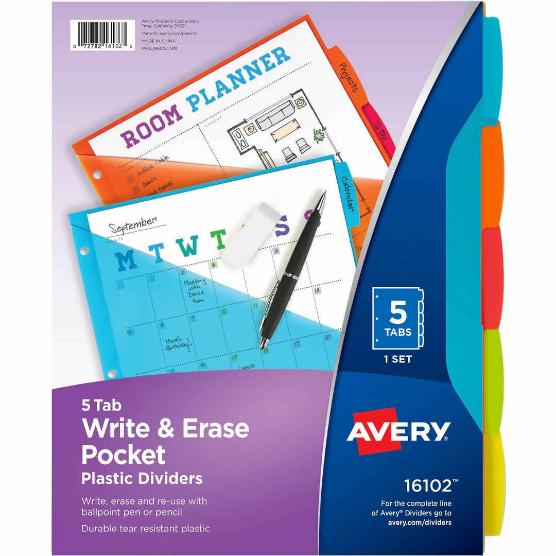 Image of Avery® Write-On Dividers w/Pocket,5-Tab,9-1/4"x11-1/8",Bright AST