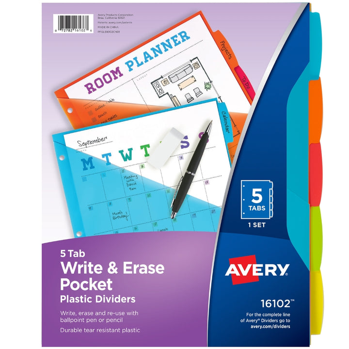 Image of Avery® Write-On Dividers w/Pocket,5-Tab,9-1/4"x11-1/8",Bright AST