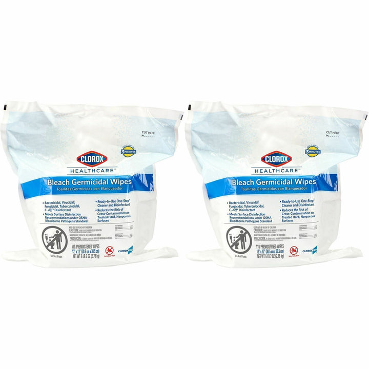Image of Clorox® Germicidal Wipes, w/Bleach, 110/PK, 2PK/CT,50CT/BD, WE