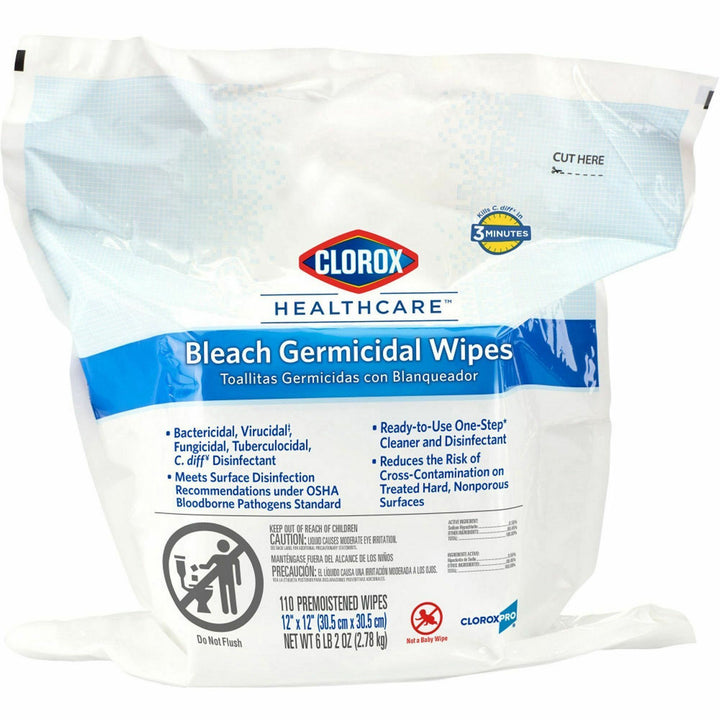 Image of Clorox® Germicidal Wipes, w/Bleach, 110/PK, 2PK/CT,50CT/BD, WE
